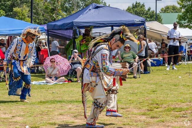A dancer elegantly performs a vibrant traditional dance, adorned in colorful, intricate attire, during the lively Standing Peachtree Native Fest in East Point, captivating the audience with every fluid movement and rhythmic beat.