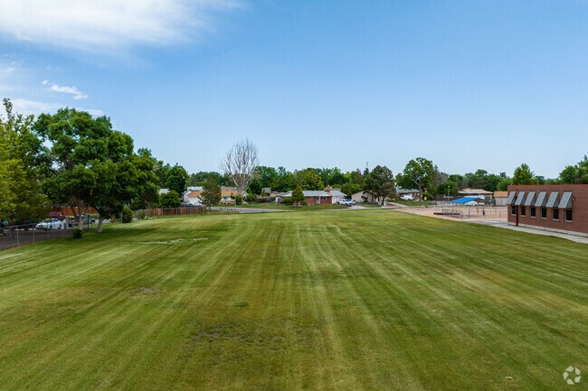 The sports fields and open green space at Mesa Elementary School in Westminster, Colorado.