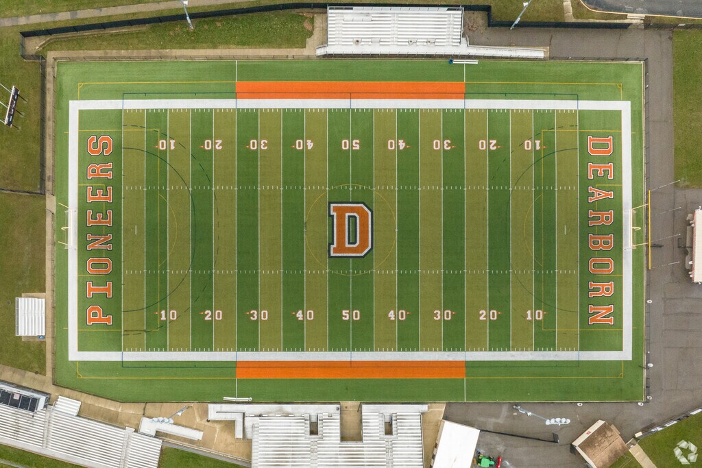 Aerial view of the Dearborn High School football field.