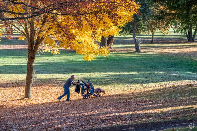 Disc golfers push their bags of discs around the course at Westmoreland Park in Friendly.