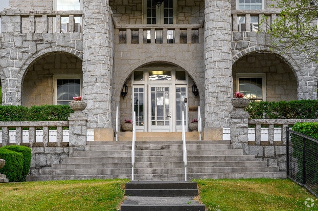 A grand stone entrance welcomes students to Browne Academy in Alexandria.