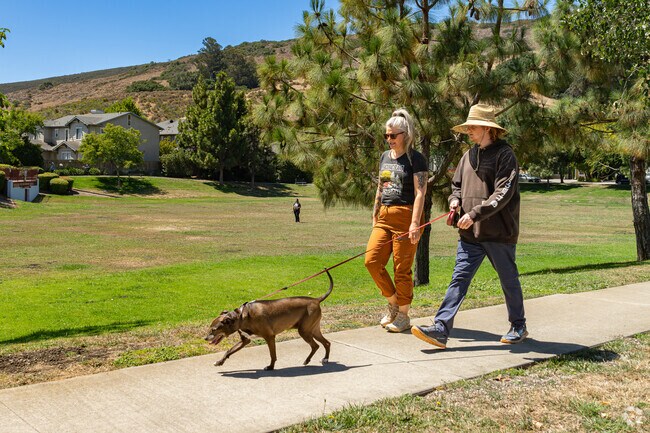 A Billygoat Acres couple chats while walking their dog around DeVaul Park nearby.