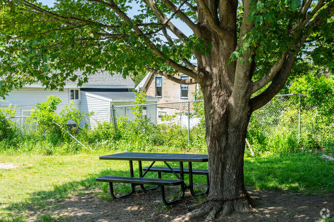 A tree provides shade over a picnic table at the Peaks Island School.