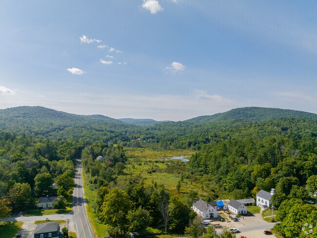 An aerial view of the small town of Wilmot, located in the Lake Sunapee region.