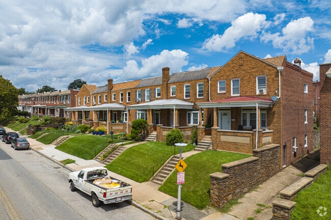 Baltimore-style row houses with shaded porches are common in Frankford.