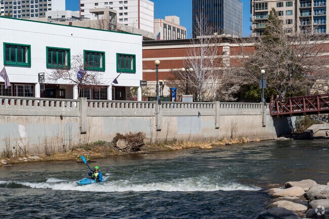 Kayakers can be seen in the summer playing in the eddy's of the Truckee River in Riverwalk.