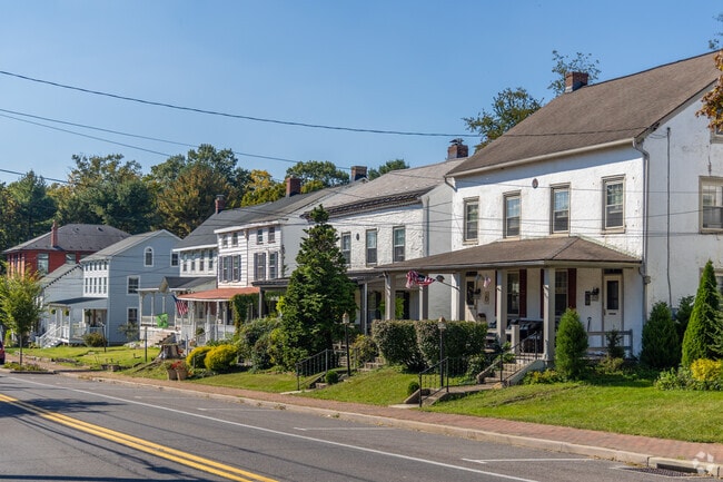 A row of historic homes overlooking the main street in a small community of Bradford.