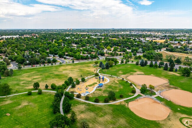 The James A. Bible Park in Denver has a playground, baseball diamonds, and a trail network.