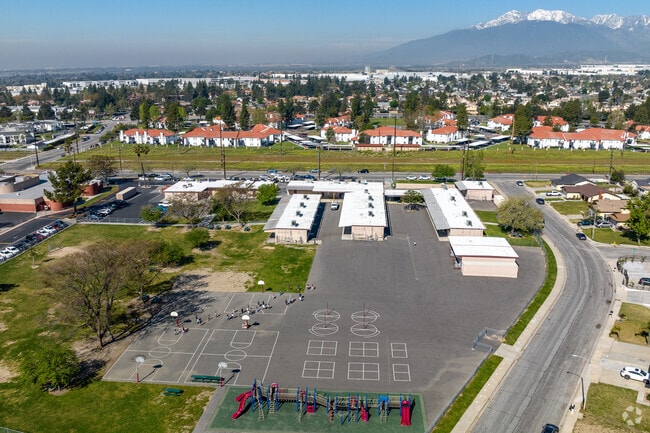 An elevated view of Kendall Elementary School and the schoolparking lot in San Bernardino, CA.