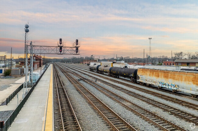 he Union Pacific railroad tracks stretch southeast through Longview near the Greyhound station, highlighting the city’s rich transportation network.