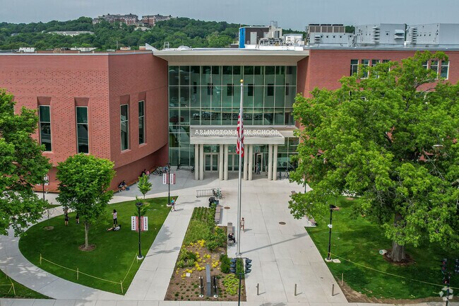 The Arlington High School entrance in Arlington Center.