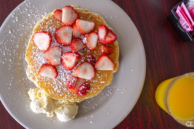 The strawberry flapjacks at Ricky's Pancake House in Pittsboro.