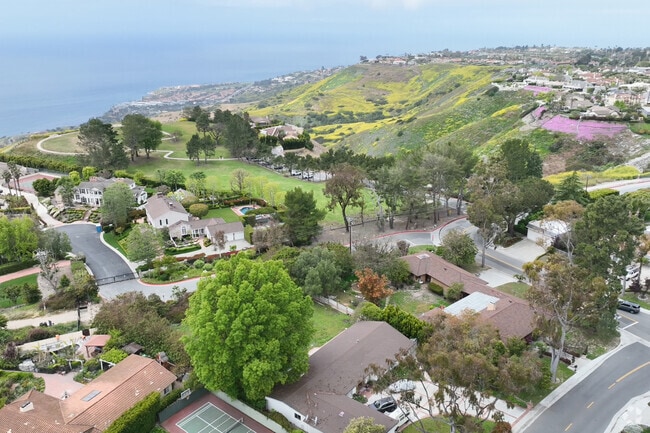 Aerial of neighborhood in Rolling Hills Rancho Palos Verdes CA.
