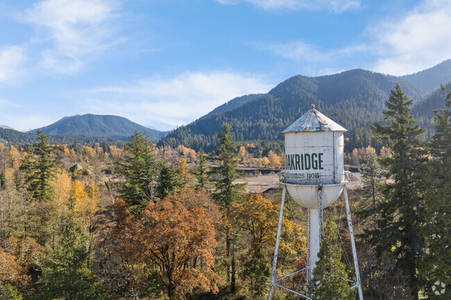 The Oakridge water tower stands above the trees in Oakridge, OR.