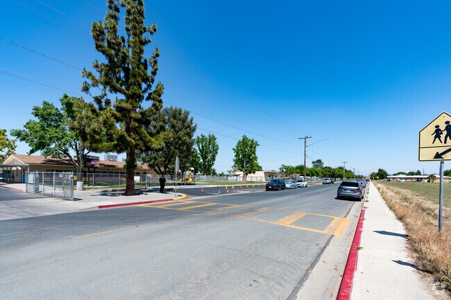 The entrance to Albany Park Elementary School is directly across from the cross walk in front.