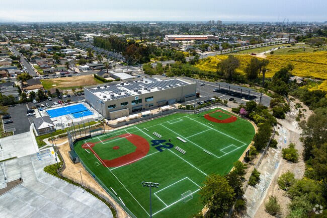 An elevated view of Jackie Robinson Family YMCA, near Chollas View, highlights multiple fields.