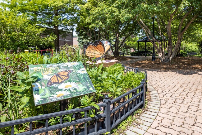 Moehling Park in Downtown Mount Prospect has paved paths, a gazebo and a butterfly fountain.