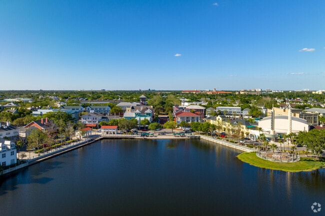 Downtown Celebration is lined by Lake Rianhard.