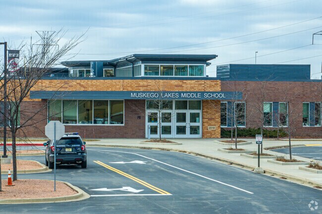 The front entrance at Muskego Lakes Middle School.