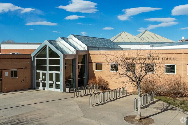 Bike racks and the entrance at Northglenn Middle School in Colorado.