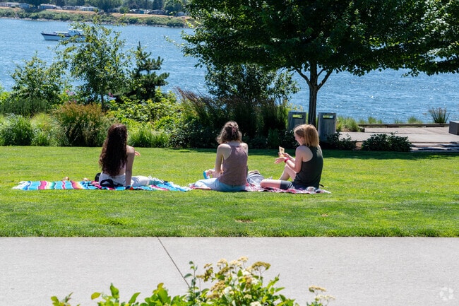 Friends enjoy the scenic views of the Downtown Waterfront in Lincoln.