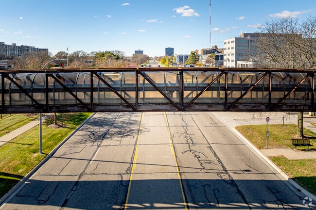 Sky bridges span major roadways across Southfield, giving pedestrians safe egress.