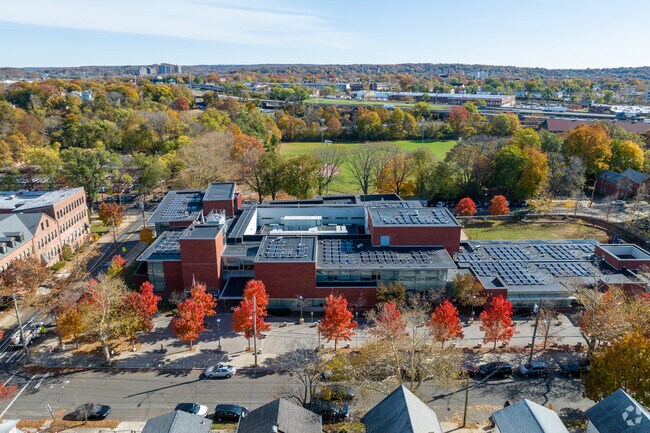 An aerial view of East Rock Community Magnet School.