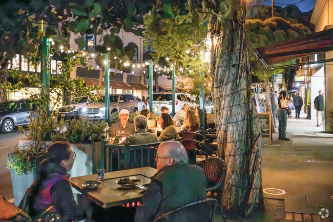 Outdoor dining areas line the streets of Old Town in Los Gatos, CA.