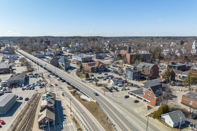 Aerial photo of route 1 which runs through downtown Bath, Maine.