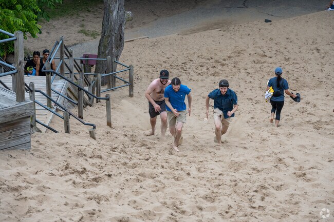 A group of friends climbs a dune at Tunnel Park, located near Holland's Historic District.