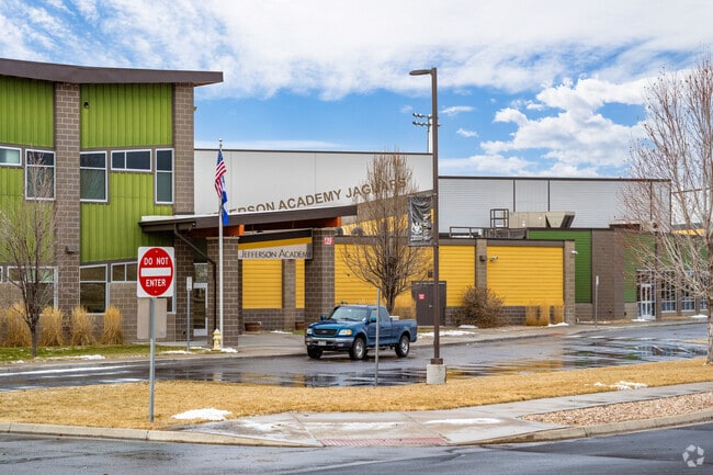 The drop-off circle and front entrance at Jefferson Academy High School in Westminster, Colorado