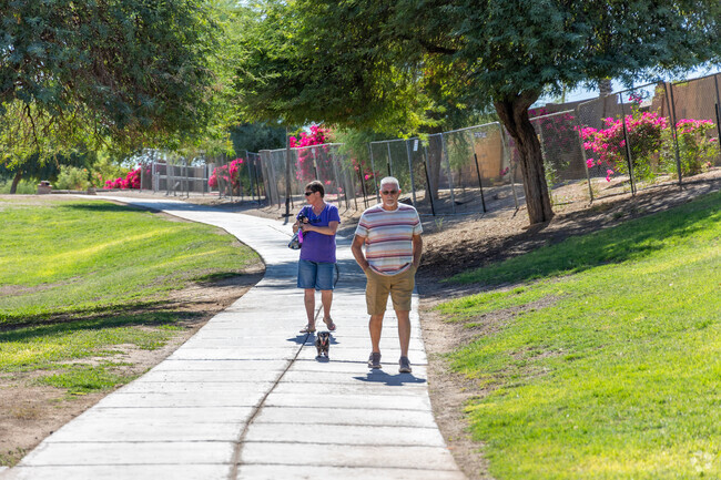 Locals take their dogs to the park for some exercise in El Pueblocito