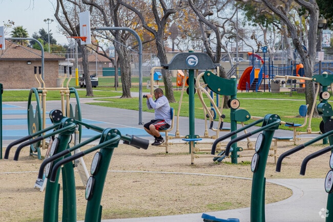 Get your workout on at the outdoor gym at Simms Park in Bellflower.