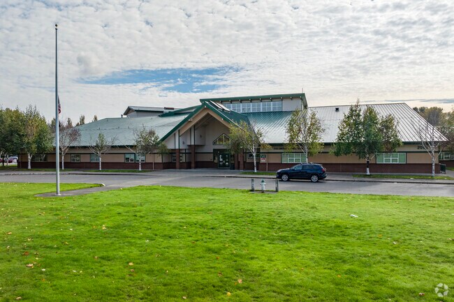 The front entrance of the picturesque Columbia Junior High School in Fife Heights.