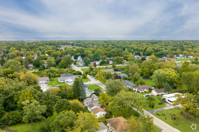 Aerial views of Hermon show tree-lined streets, with Lake Michigan nearby.