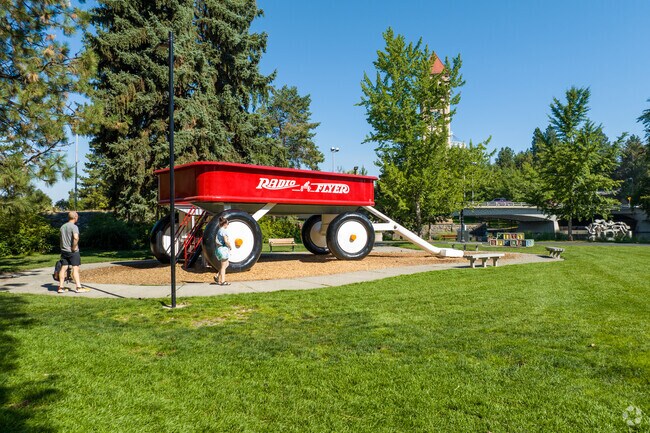A giant Radio Flyer wagon sits in City Center Spokane.