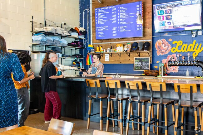 The LGBTQ- and women-owned Lady Justice Brewing Company near Jason Park pours exceptional craft beers and hosts fun community events.