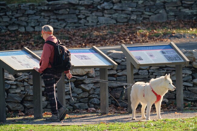 A hiker reads about the Civil War history in the region.