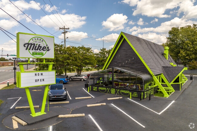 Mike's Vegan Grill in Rainbow-Meadowood is located within a distinctive A-Frame structure.