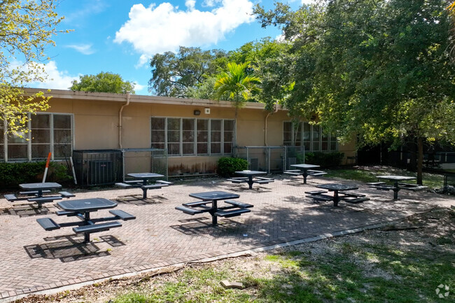Students of Theodore R. and Thelma A. Gibson Charter School can enjoy outdoor seating for lunch.