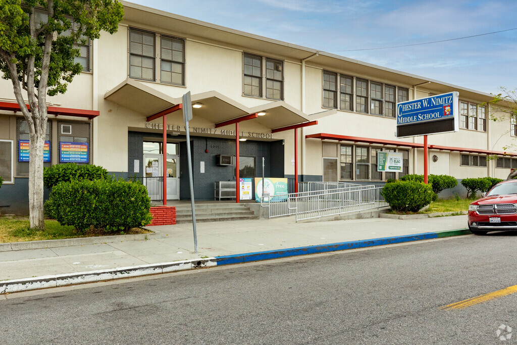 Front entrance and signage of Chester W. Nimitz Middle School from Carmelita Avenue in Huntington Park, California.