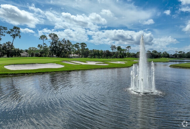 Sand traps and beautiful fountains are common throughout Plantation Bay.