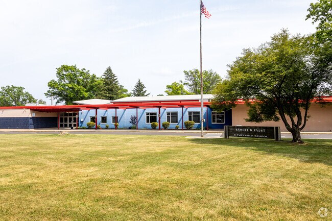 Samuel K Faust Elementary School sign and main entrance in Bensalem.