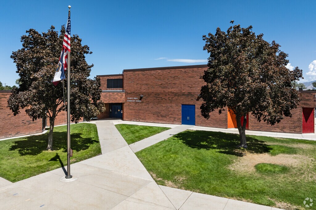 Trees beautify the entrance of Calvin S. Smith Elementary School.