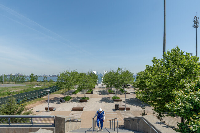 University Hospital Community Park, just outside the ferry terminal, offers view of Manhattan.