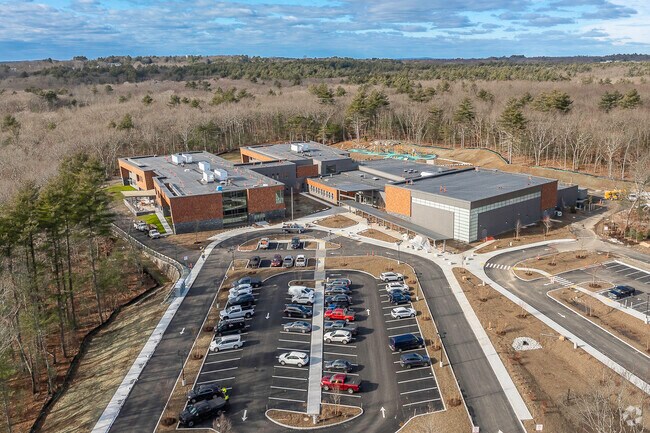 An aerial view of the new Paul Hanlon School under construction in Westwood, MA.