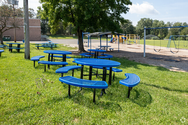 Picnic tables at Van Holten Elementary School in Bridgewater.