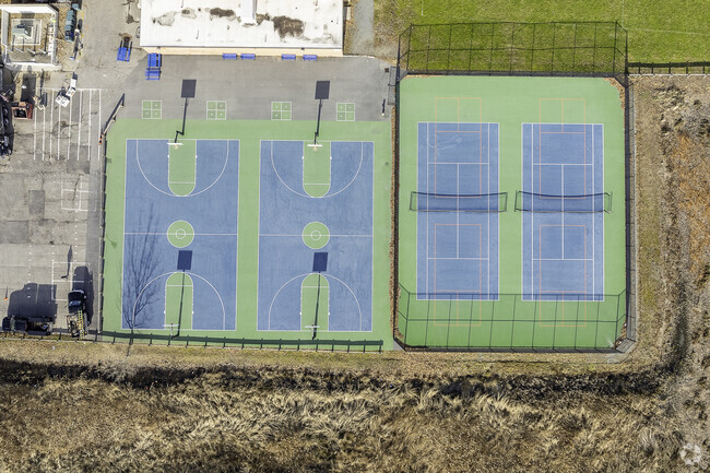 An aerial top-down view of Broad Meadows Middle School in Quincy, MA.