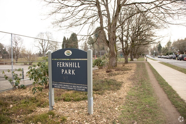 Fernhill Park sign leads into the main area in Concordia, Portland, Oregon.