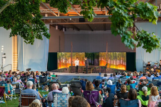 Family and friends sit under a canopy of trees at Shakespeare in the Park in Wheaton, IL.